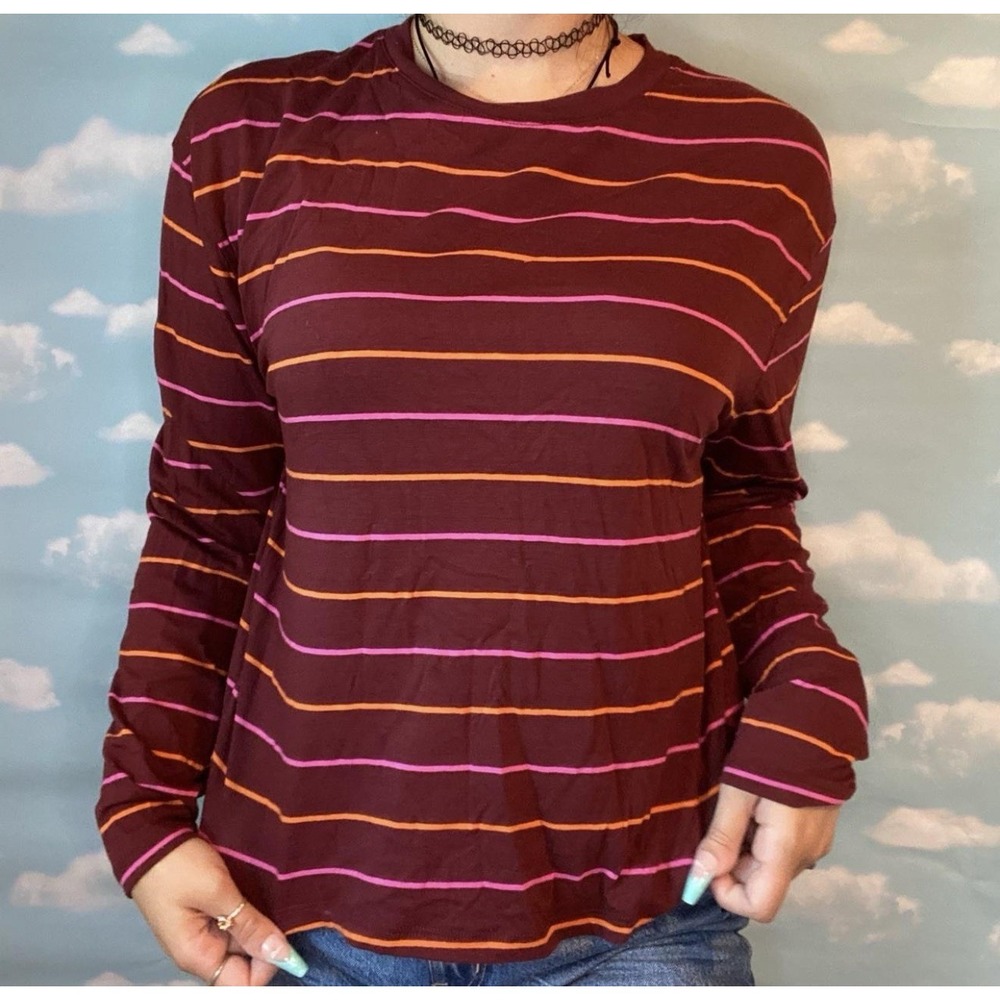A New Day Shirt Womens Medium Burgundy Striped Cozy Soft Autumn Whimsy Fairy NWT
